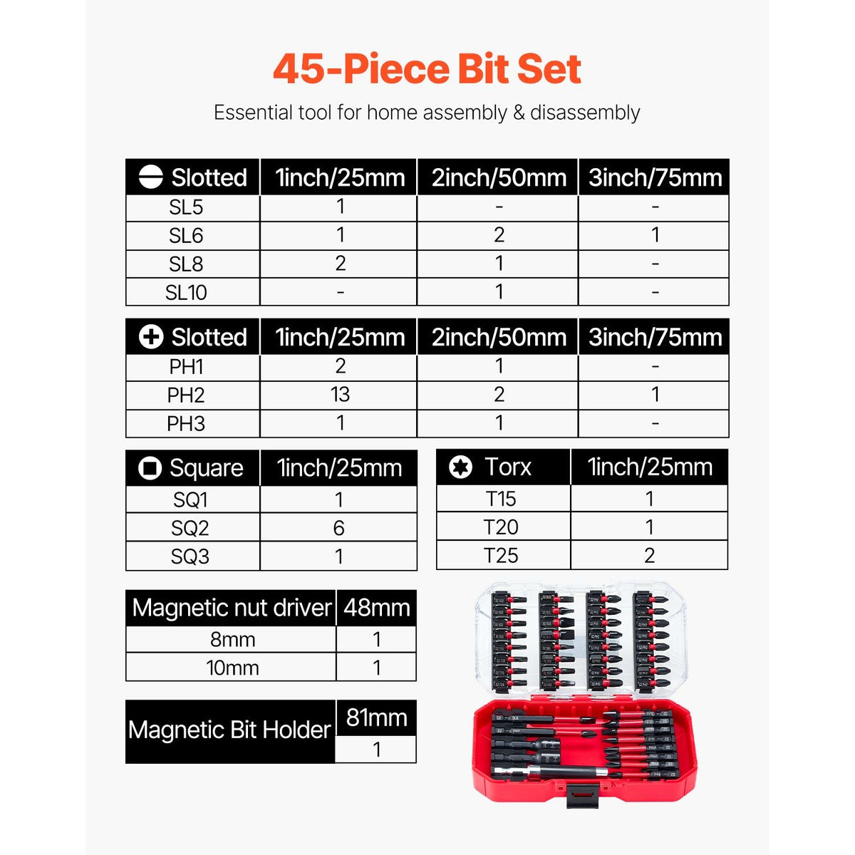 Screwdriver Bit Set, 45-Piece, Magnetic Phillips, Slotted, Square, Torx Bit, Hex Nut Sockets, Extension Rod with Transparent Storage Case, High-Strength S2 Alloy Steel, Blackened Finish