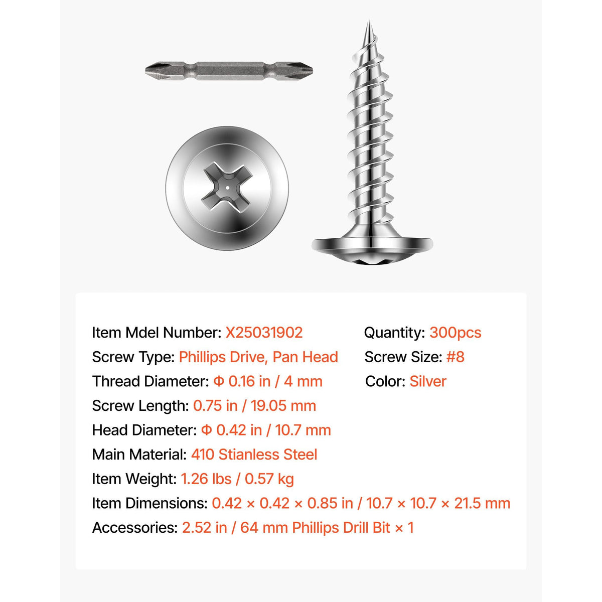 Screws, #8 x 3/4 inch Length Self Drilling Drywall to Wood Screw, All Purpose High-Hardness Stainless Steel Wall Anchors with a Phillips Drill Bit, Cross Slot for Home Renovation(300 per Box)