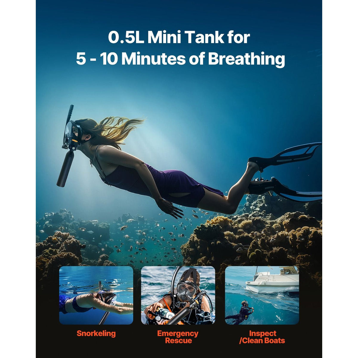 Scuba Tank, 0.5L Portable Diving Tank, Diving Oxygen Cylinder Support 5-10 Minutes Underwater Breathing, 32.81 ft Diving Depth, Refillable Snorkel Air Tank with Pump for Underwater Exploration
