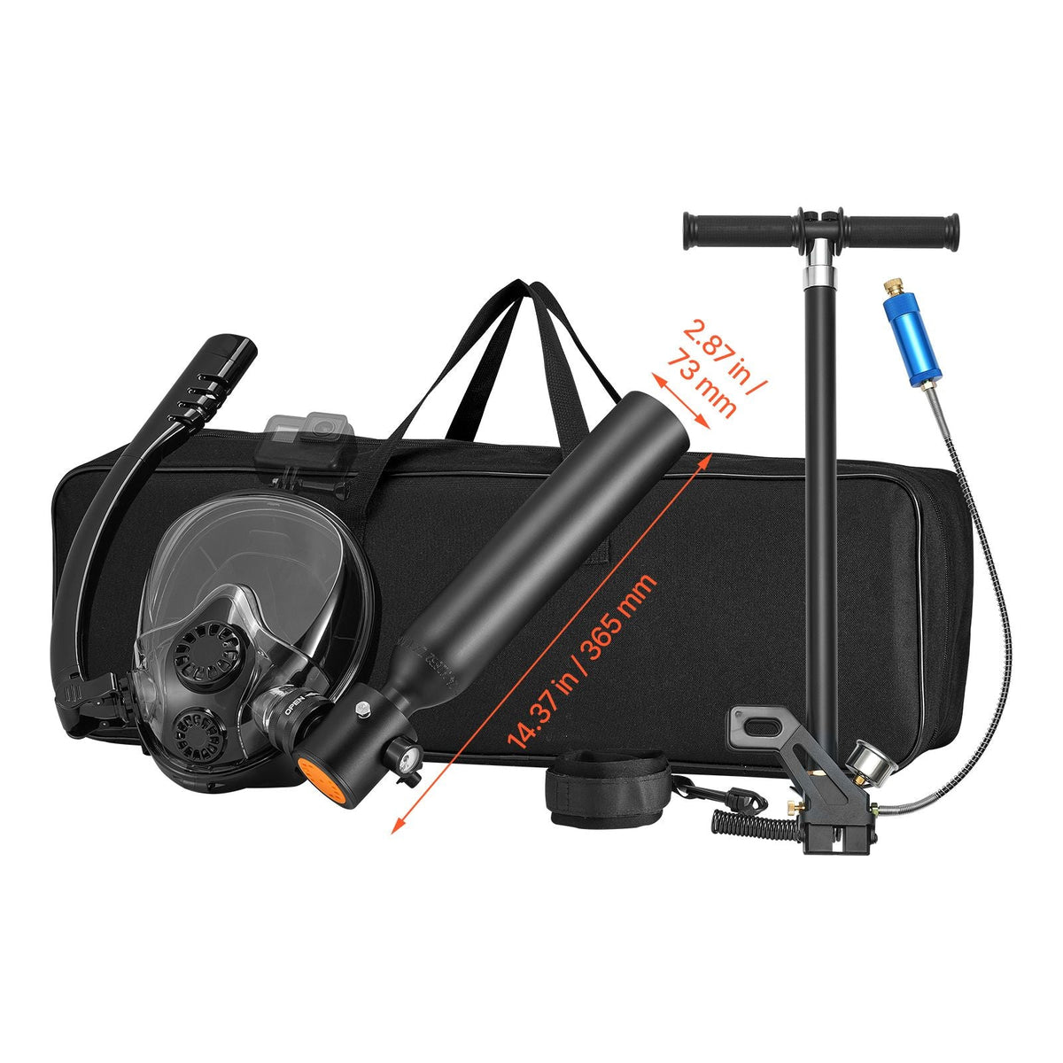 Scuba Tank, 0.5L Portable Diving Tank, Diving Oxygen Cylinder Support 5-10 Minutes Underwater Breathing, 32.81 ft Diving Depth, Refillable Snorkel Air Tank with Pump for Underwater Exploration