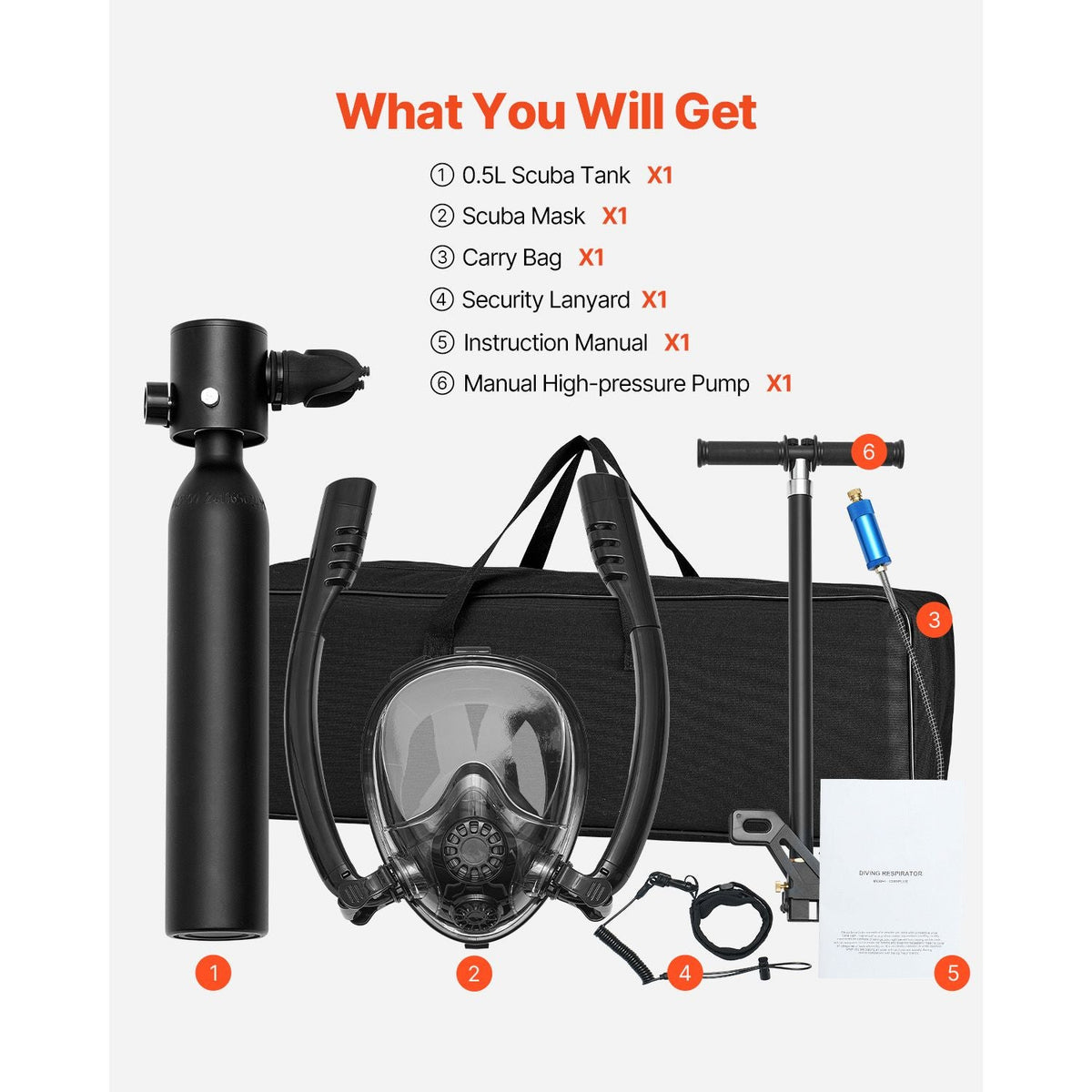 Scuba Tank, 0.5L Portable Diving Tank, Diving Oxygen Cylinder Support 5-10 Minutes Underwater Breathing, 32.81 ft Diving Depth, Refillable Snorkel Air Tank with Pump for Underwater Exploration