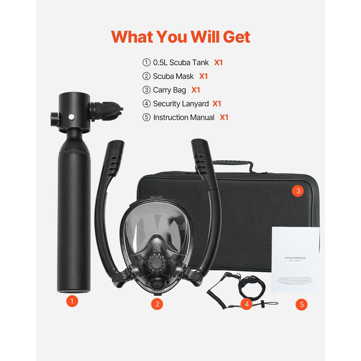 Scuba Tank, 0.5L Portable Scuba Diving Tank, Diving Oxygen Cylinder Supports 5-10 Minutes Underwater Breathing, 98.43 ft Diving Depth, Lung Tank Kit with Snorkel Mask for Underwater Exploration