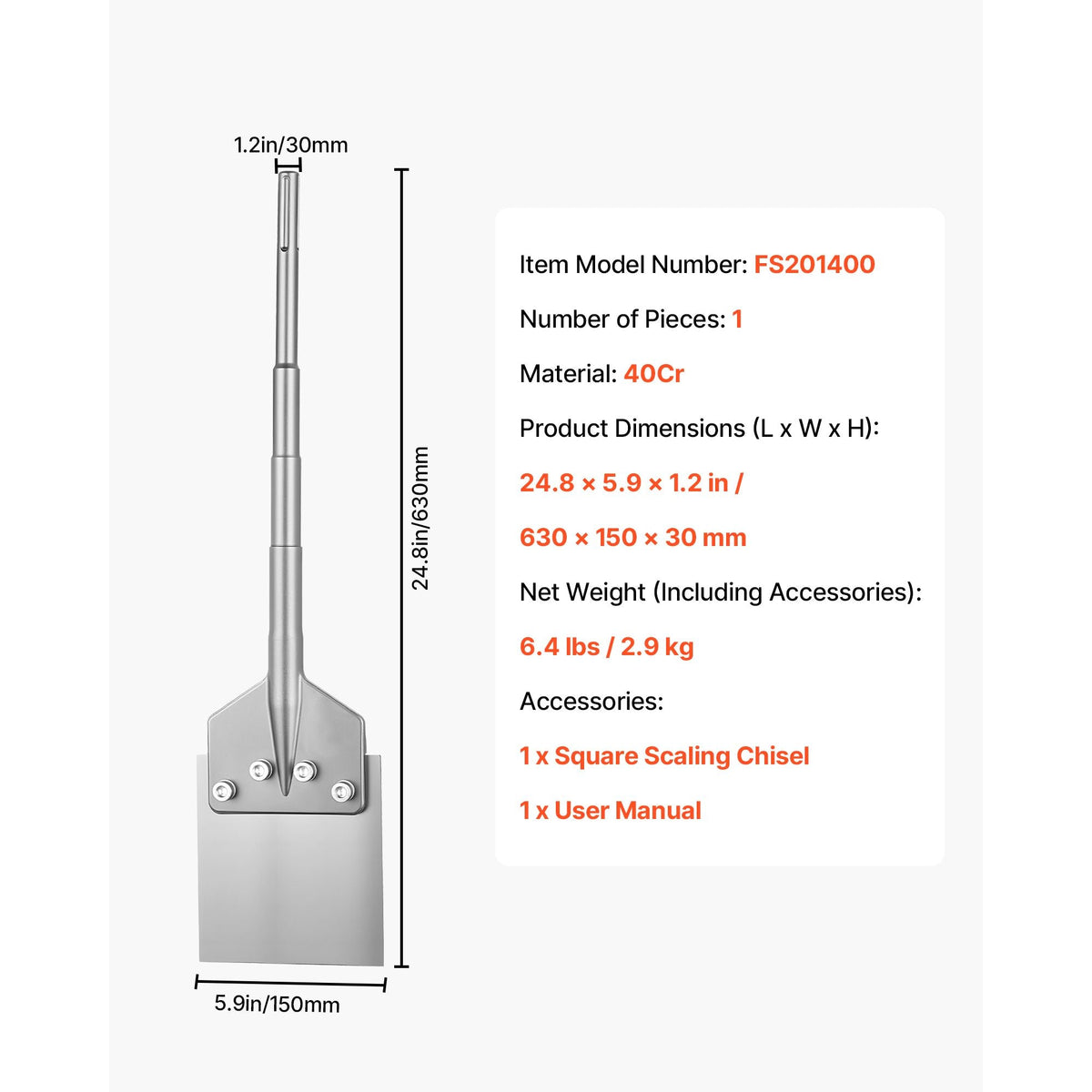 SDS Max Floor Scraper, 24.8" x 5.9" Chisel Bit with SDS Max Shank, Compatible with Rotary Hammers, Heat Treated 40Cr Alloy Steel, Sharp Edge for Removing Laminate Flooring, Tiles, and Mortar