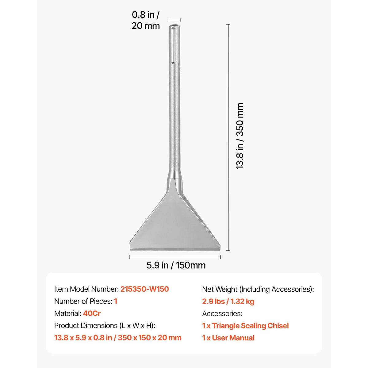 SDS Max Scaling Chisel, 13.8" x 5.9" Chisel Bit with SDS Max Shank, Compatible with Rotary Hammers, Heat Treated 40Cr Alloy Steel, Sharp Edge for Removing Laminate Flooring, Tiles, and Mortar