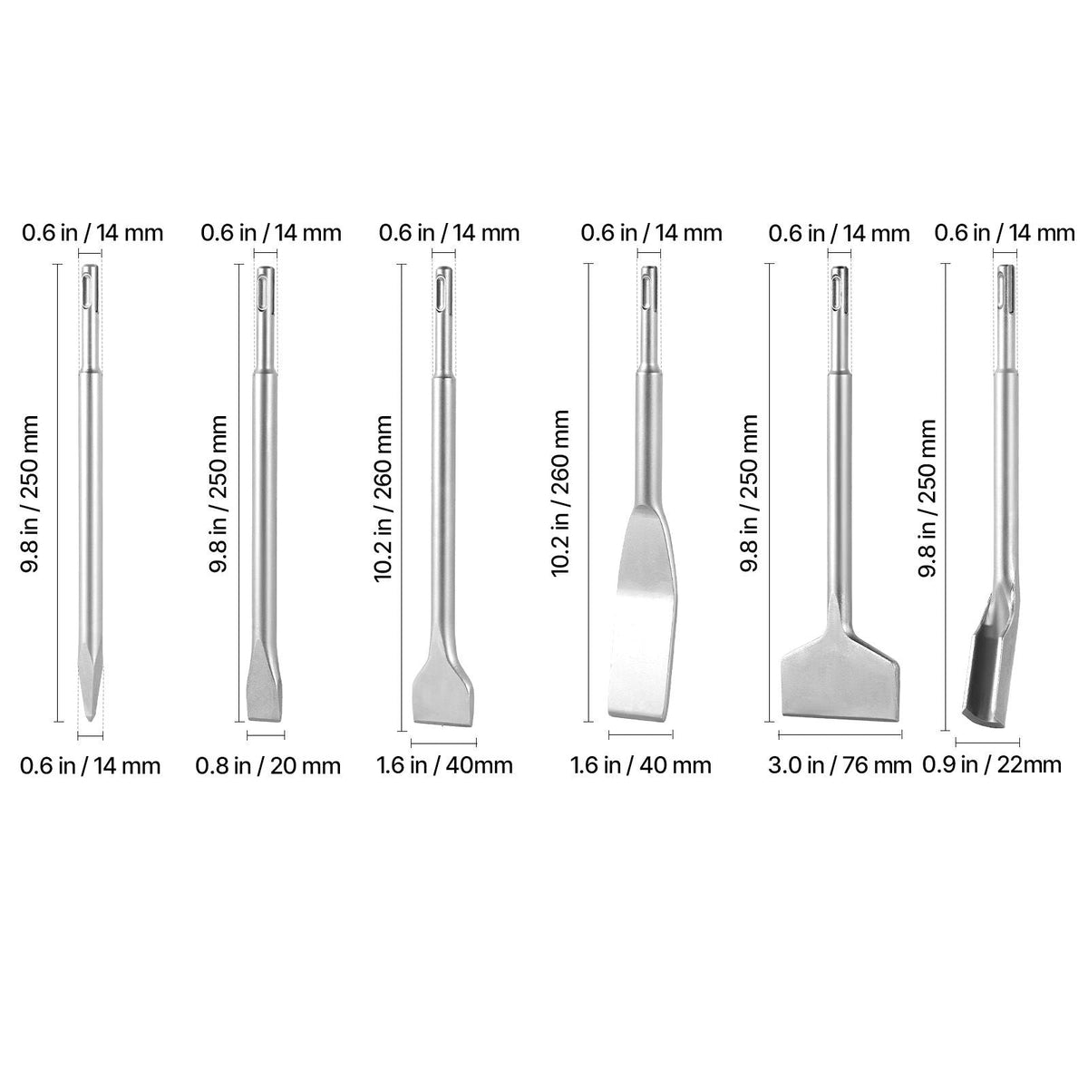 SDS Plus Chisel Set, 6pcs SDS Plus Rotary Hammer Drill Attachments, Includes Point, Flat, & U-Groove Chisels, Heat Treated 40Cr Alloy Steel, Sharp Edge for Demolition, Concrete and Brick