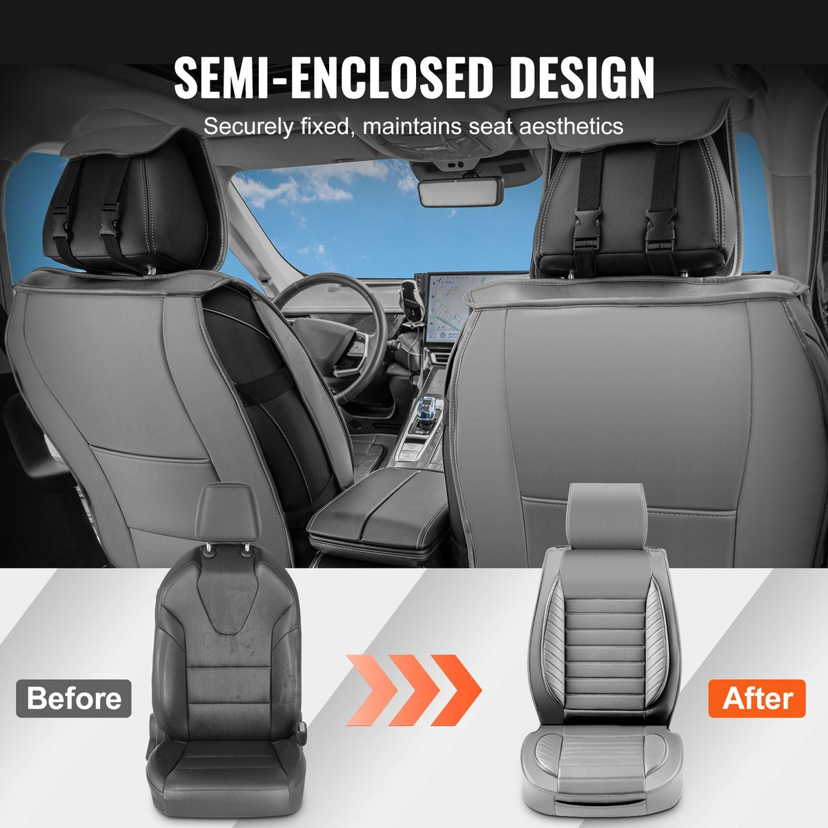 Seat Covers, Universal Car Seat Covers Front Seats, 2pcs Faux Leather Seat Cover, Semi-enclosed Design, Detachable Headrest and Airbag Compatible, for Most Cars SUVs and Trucks Gray