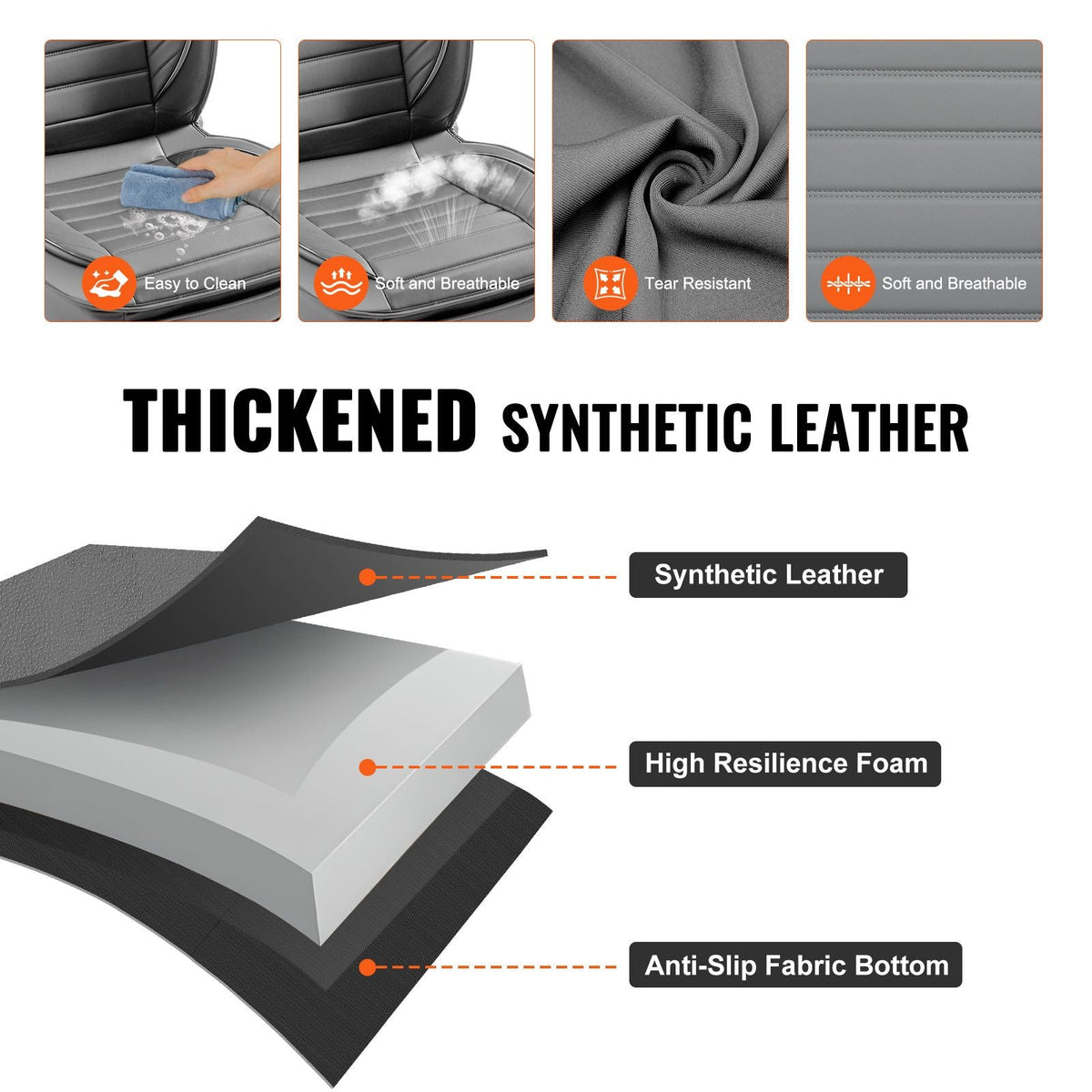Seat Covers, Universal Car Seat Covers Front Seats, 2pcs Faux Leather Seat Cover, Semi-enclosed Design, Detachable Headrest and Airbag Compatible, for Most Cars SUVs and Trucks Gray