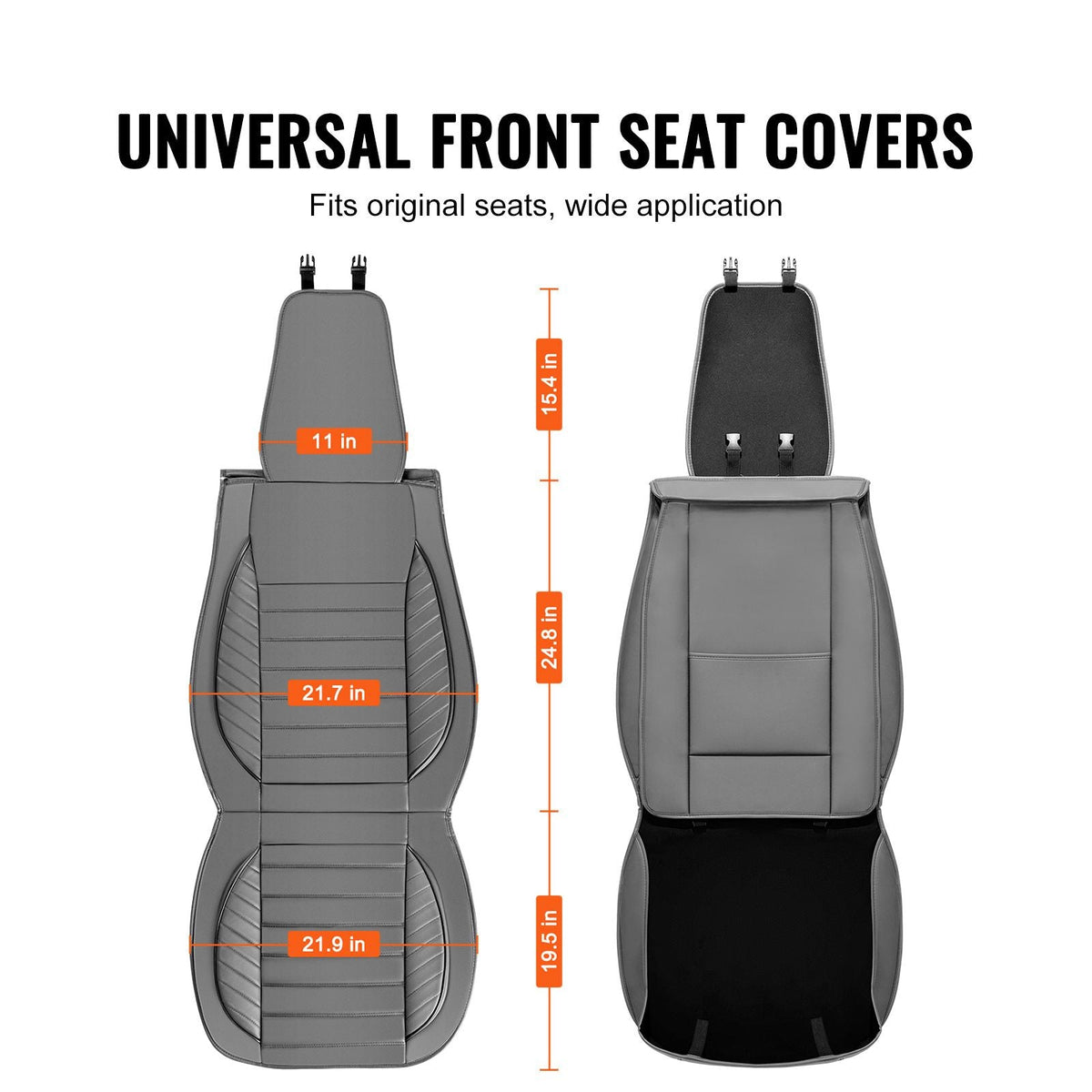 Seat Covers, Universal Car Seat Covers Front Seats, 2pcs Faux Leather Seat Cover, Semi-enclosed Design, Detachable Headrest and Airbag Compatible, for Most Cars SUVs and Trucks Gray