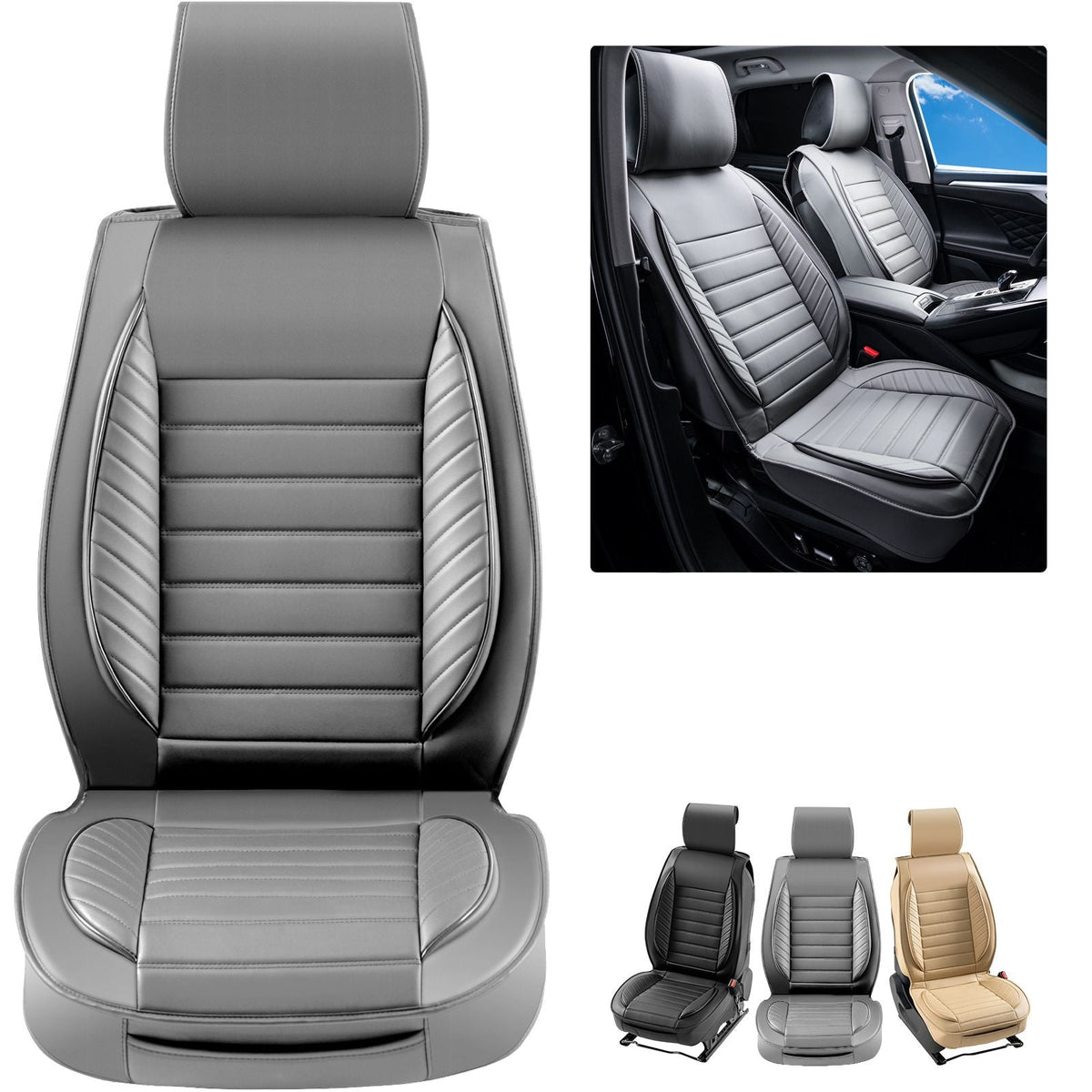 Seat Covers, Universal Car Seat Covers Front Seats, 2pcs Faux Leather Seat Cover, Semi-enclosed Design, Detachable Headrest and Airbag Compatible, for Most Cars SUVs and Trucks Gray