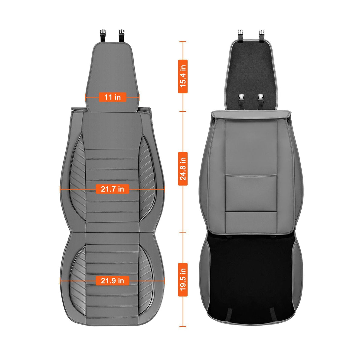 Seat Covers, Universal Car Seat Covers Front Seats, 2pcs Faux Leather Seat Cover, Semi-enclosed Design, Detachable Headrest and Airbag Compatible, for Most Cars SUVs and Trucks Gray