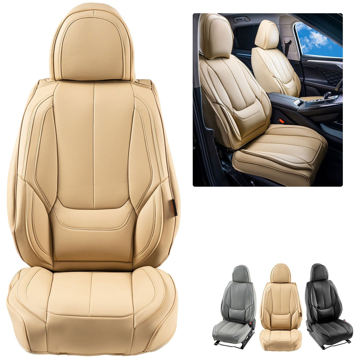 Seat Covers, Universal Car Seat Covers Front Seats, 6pcs Faux Leather Seat Cover, Full Enclosed Design, Detachable Headrest and Airbag Compatible, for Most Cars SUVs and Trucks Beige