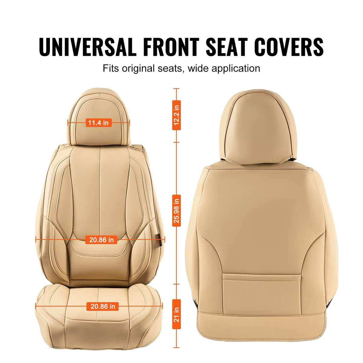 Seat Covers, Universal Car Seat Covers Front Seats, 6pcs Faux Leather Seat Cover, Full Enclosed Design, Detachable Headrest and Airbag Compatible, for Most Cars SUVs and Trucks Beige