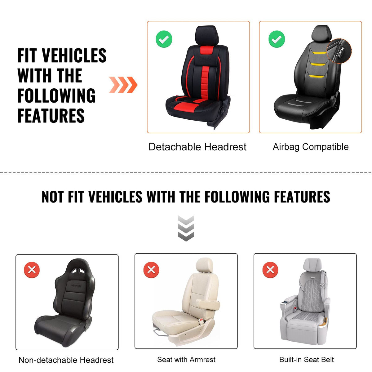 Seat Covers, Universal Car Seat Covers Front Seats, 6pcs Faux Leather Seat Cover, Full Enclosed Design, Detachable Headrest and Airbag Compatible, for Most Cars SUVs and Trucks Beige