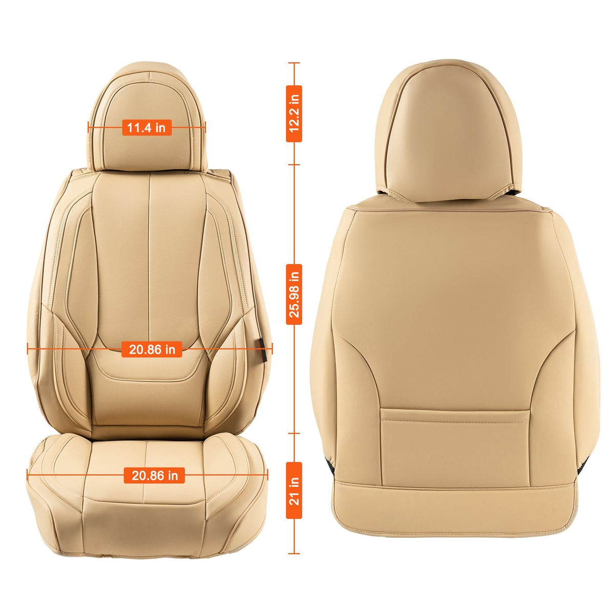 Seat Covers, Universal Car Seat Covers Front Seats, 6pcs Faux Leather Seat Cover, Full Enclosed Design, Detachable Headrest and Airbag Compatible, for Most Cars SUVs and Trucks Beige