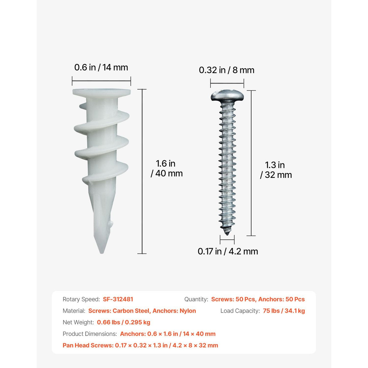 Self Drilling Drywall Anchors, 100 PCS Dry Wall Anchors and Screws, Drywall Anchors Kit with Screws, No Drill Hole Required Nylon Plastic Wall Anchors and Heavy Duty Metal Screws, for Drywall