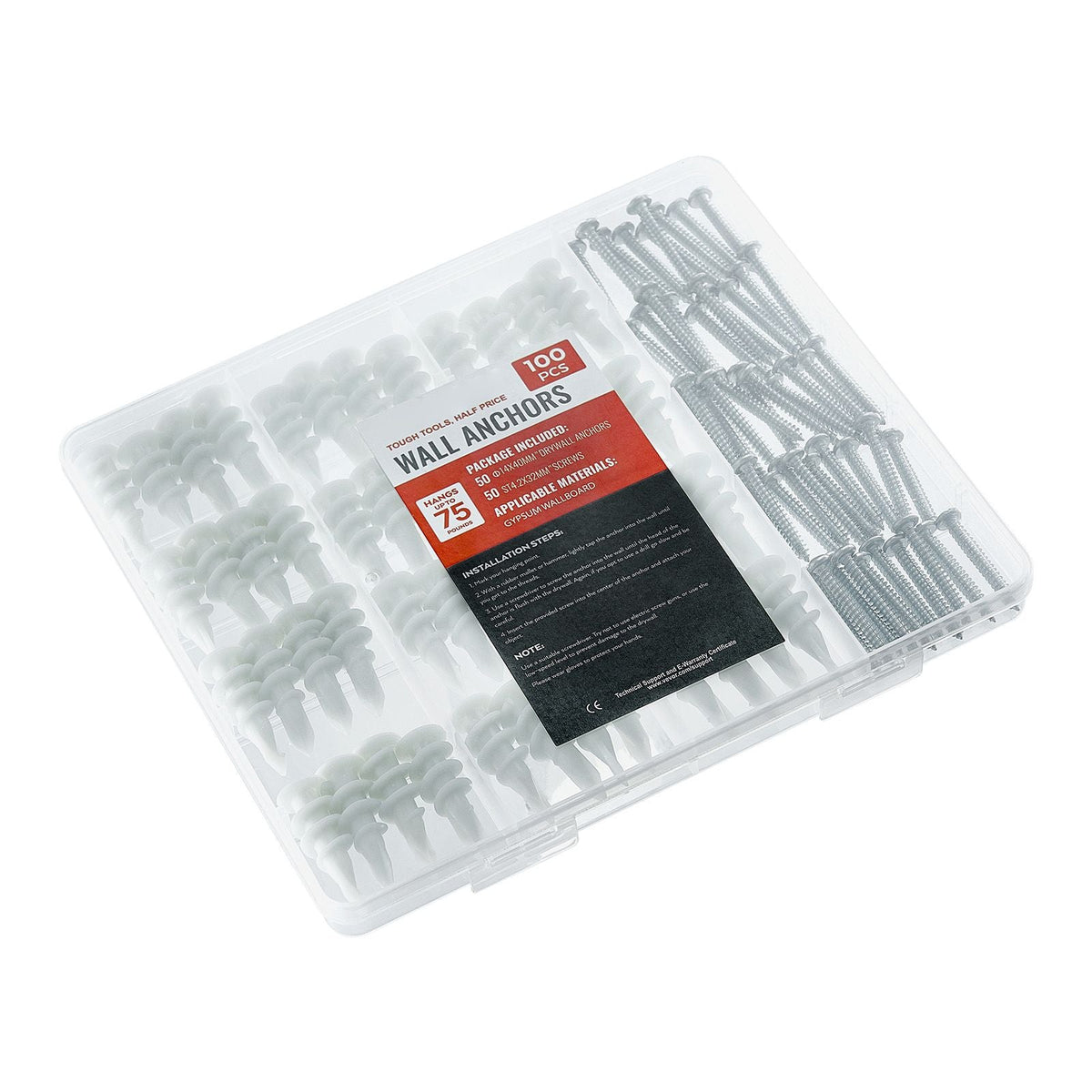 Self Drilling Drywall Anchors, 100 PCS Dry Wall Anchors and Screws, Drywall Anchors Kit with Screws, No Drill Hole Required Nylon Plastic Wall Anchors and Heavy Duty Metal Screws, for Drywall