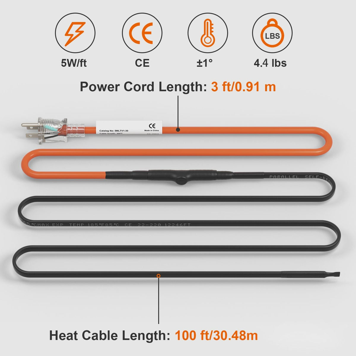 Self-Regulating Pipe Heating Cable, 100-feet 5W/ft Heat Tape for Pipes Freeze Protection, Protects PVC Hose, Metal and Plastic Pipe from Freezing, 120V
