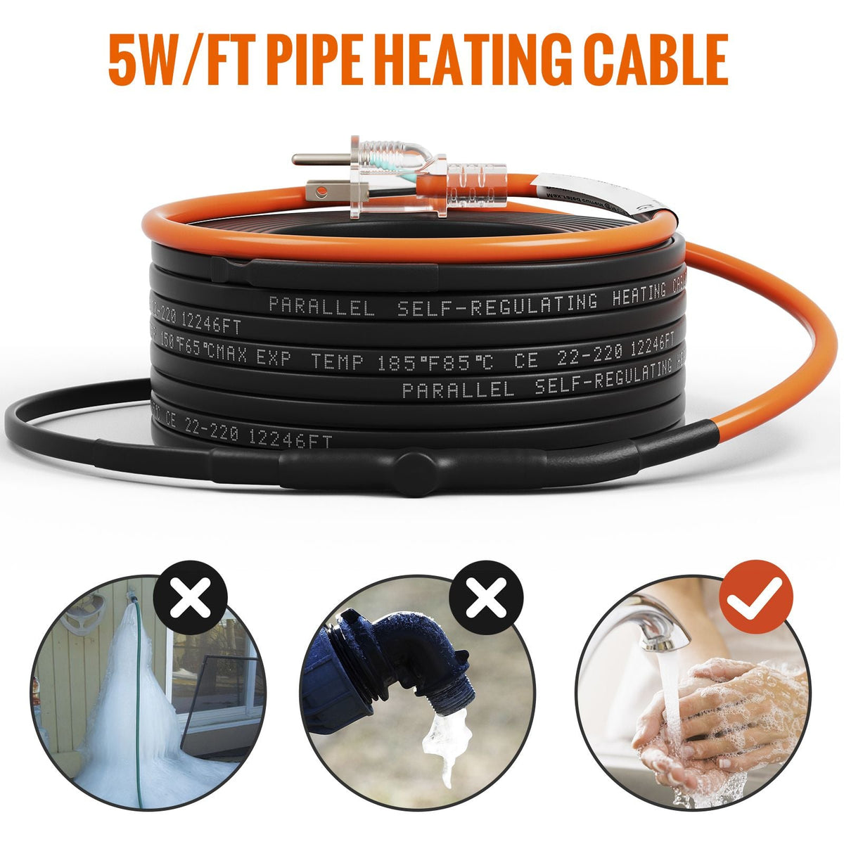 Self-Regulating Pipe Heating Cable, 100-feet 5W/ft Heat Tape for Pipes Freeze Protection, Protects PVC Hose, Metal and Plastic Pipe from Freezing, 120V