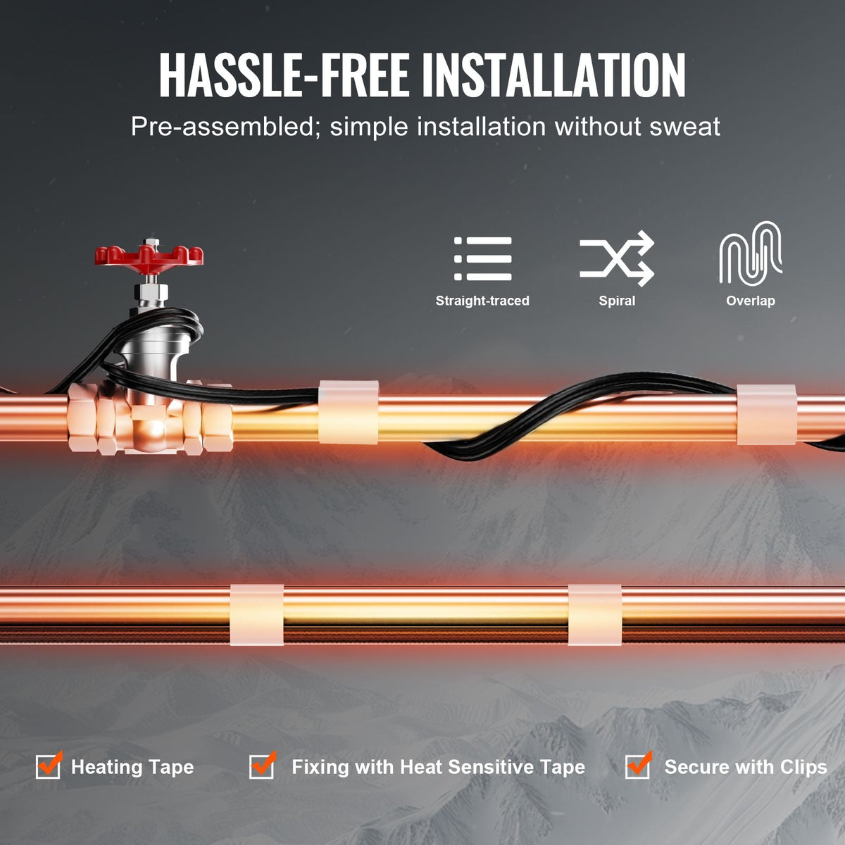 Self-Regulating Pipe Heating Cable, 12FT 5W/FT Heat Tape for Pipes, Roof Snow Melting De-icing, Gutter and Pipe Freeze Protection