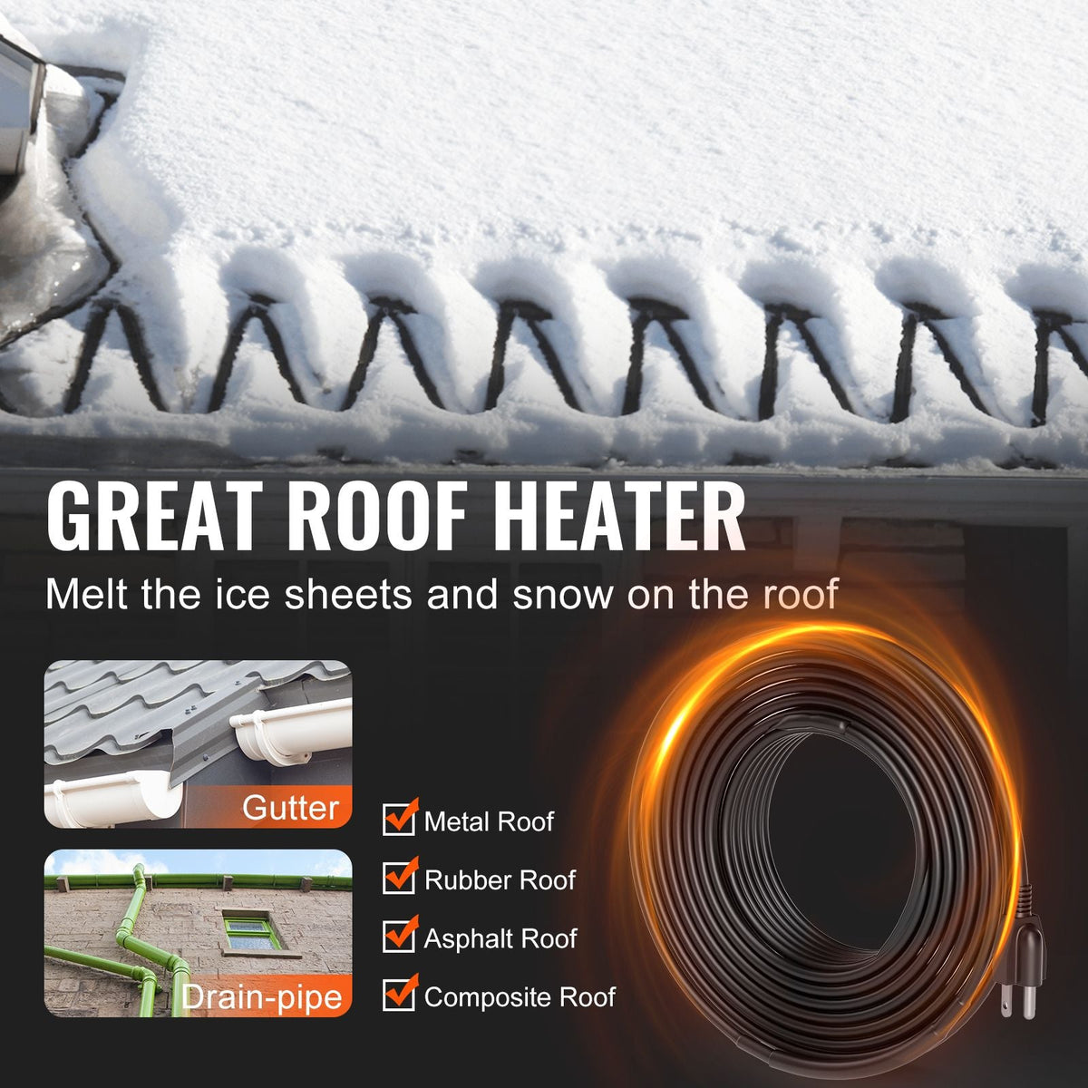 Self-Regulating Pipe Heating Cable, 12FT 5W/FT Heat Tape for Pipes, Roof Snow Melting De-icing, Gutter and Pipe Freeze Protection