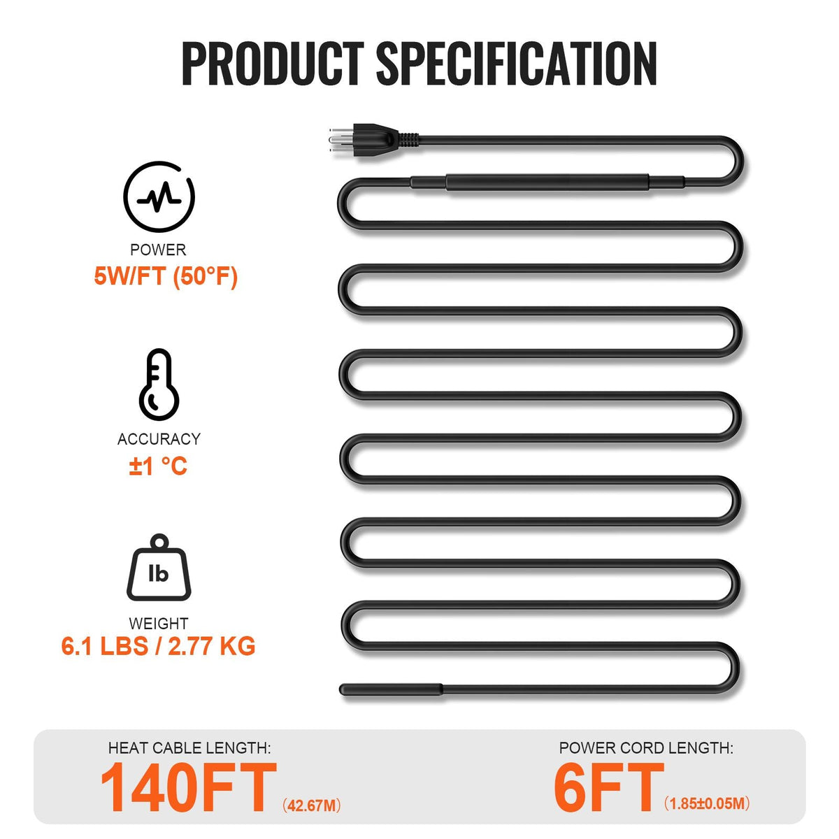 Self-Regulating Pipe Heating Cable, 140FT 5W/FT Heat Tape for Pipes, Roof Snow Melting De-icing, Gutter and Pipe Freeze Protection