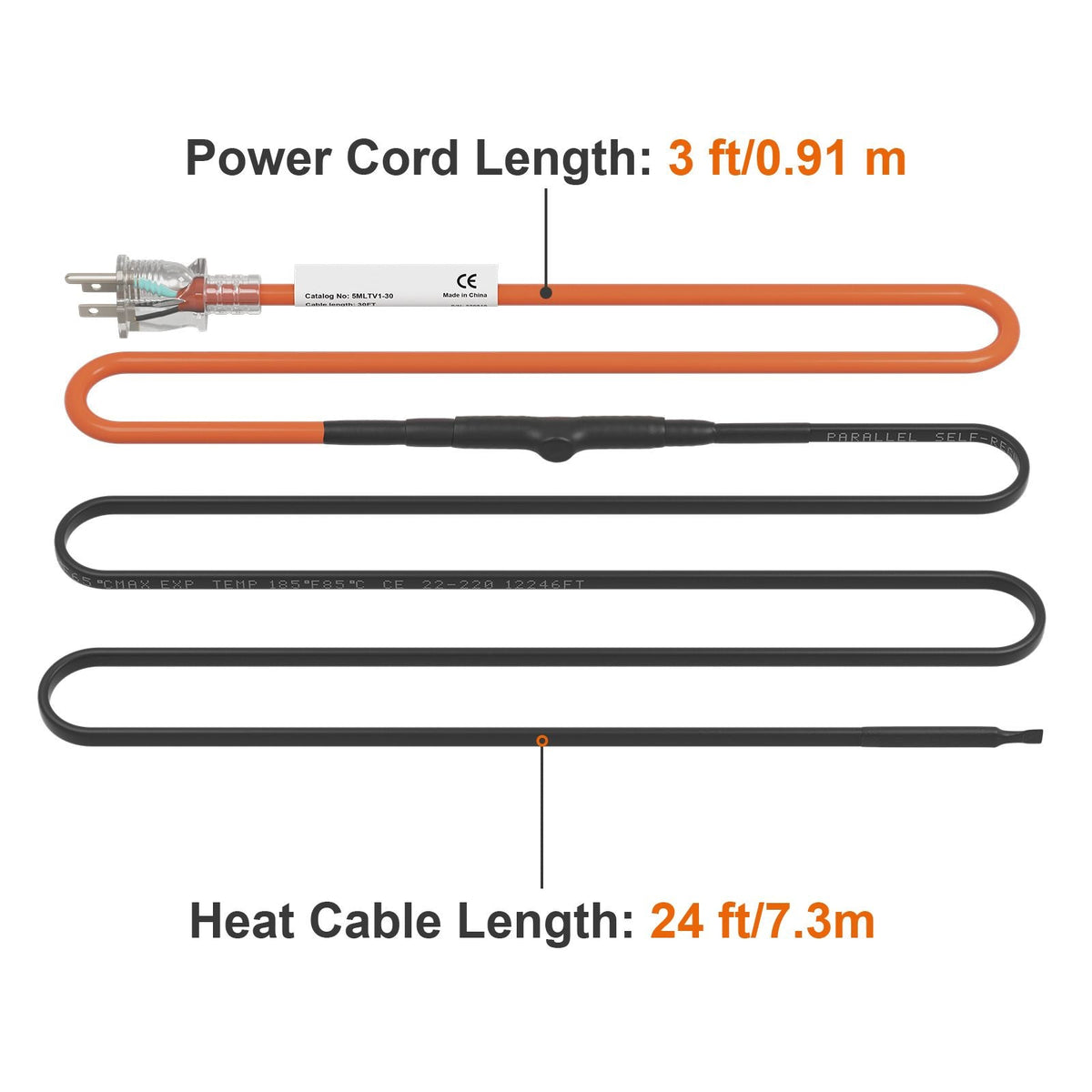 Self-Regulating Pipe Heating Cable, 24-feet 5W/ft Heat Tape for Pipes Freeze Protection, Protects PVC Hose, Metal and Plastic Pipe from Freezing, 120V