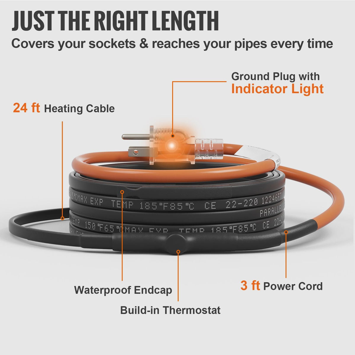 Self-Regulating Pipe Heating Cable, 24-feet 5W/ft Heat Tape for Pipes Freeze Protection, Protects PVC Hose, Metal and Plastic Pipe from Freezing, 120V
