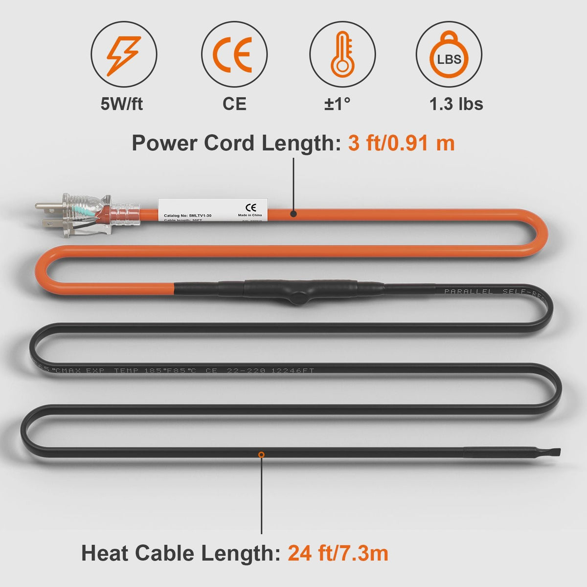 Self-Regulating Pipe Heating Cable, 24-feet 5W/ft Heat Tape for Pipes Freeze Protection, Protects PVC Hose, Metal and Plastic Pipe from Freezing, 120V