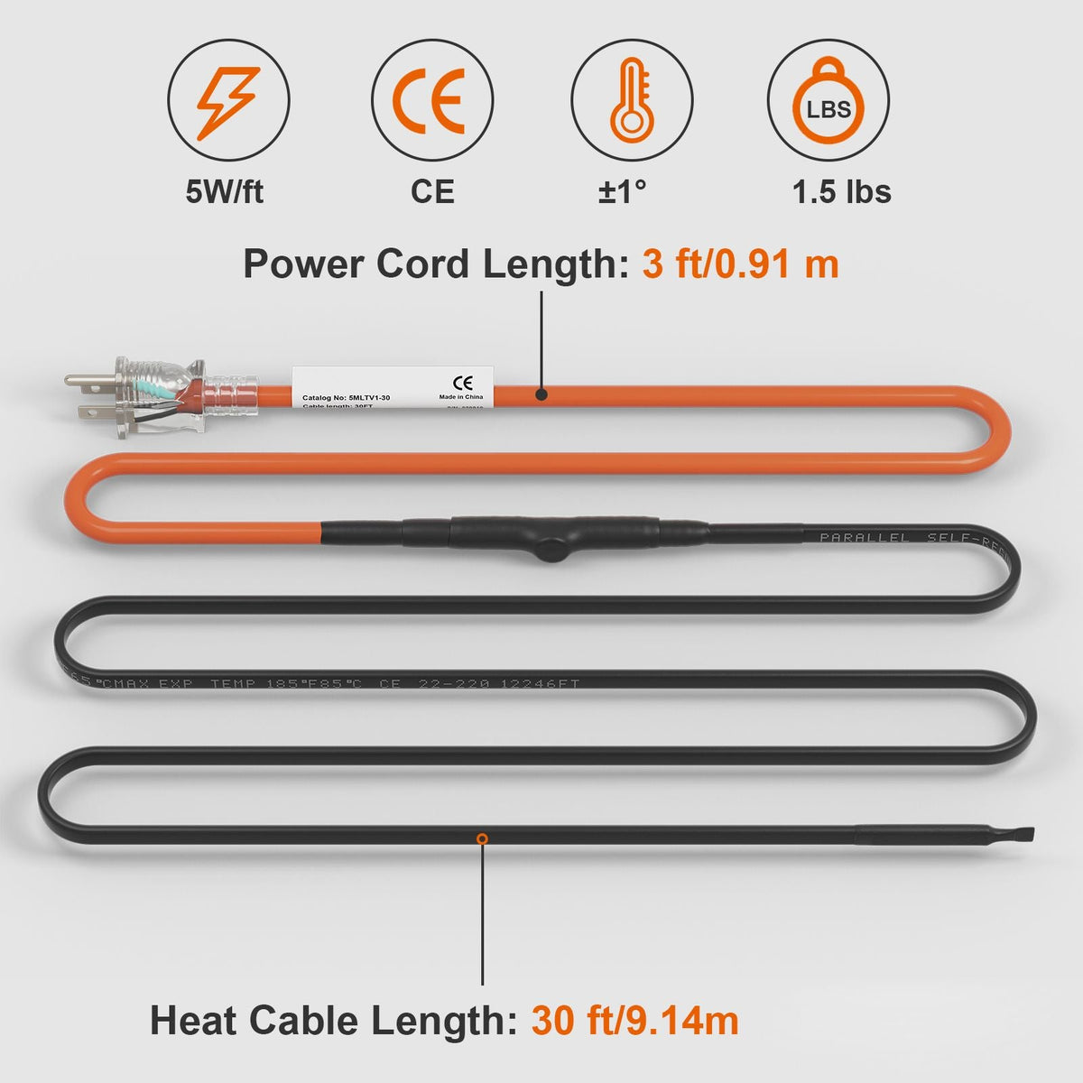 Self-Regulating Pipe Heating Cable, 30-feet 5W/ft Heat Tape for Pipes Freeze Protection, Protects PVC Hose, Metal and Plastic Pipe from Freezing, 120V