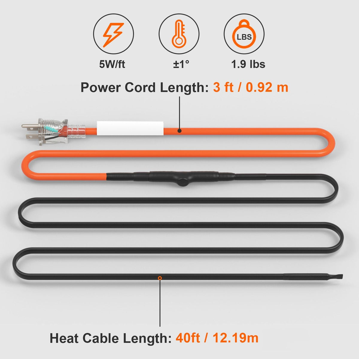 Self-Regulating Pipe Heating Cable, 40FT 5W/FT Heat Tape for Pipes Freeze Protection, Water Pipe Heat Cable with Built-in Thermostat Protects PVC Hose, Metal and Plastic Pipe from Freezing