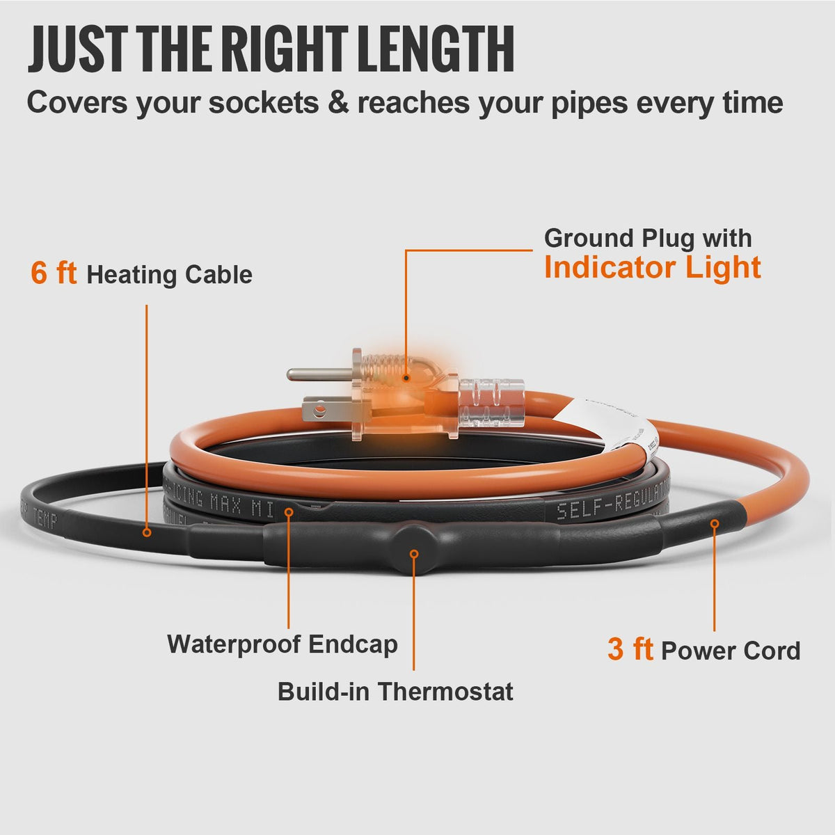 Self-Regulating Pipe Heating Cable, 6-feet 5W/ft Heat Tape for Pipes Freeze Protection, Protects PVC Hose, Metal and Plastic Pipe from Freezing, 120V