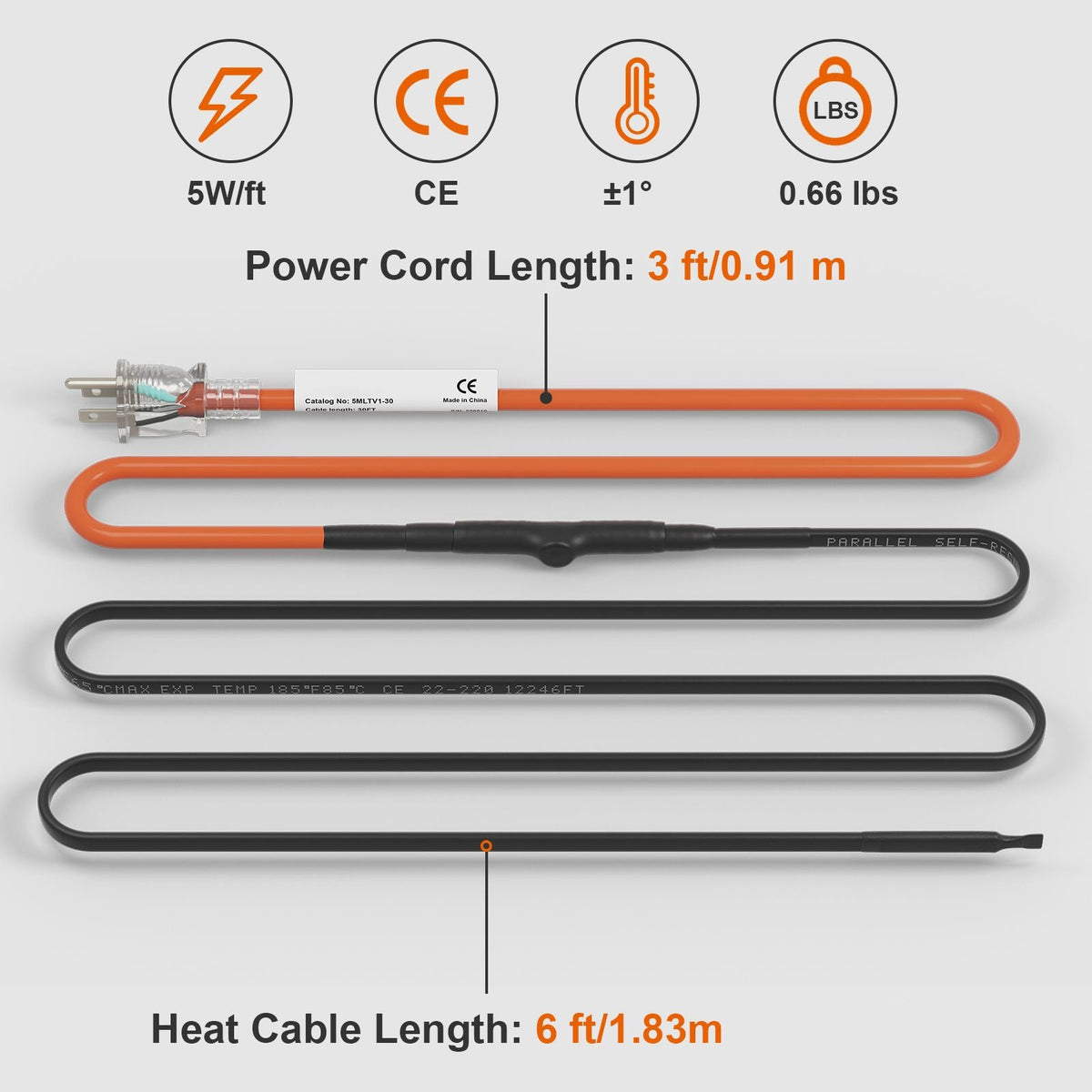 Self-Regulating Pipe Heating Cable, 6-feet 5W/ft Heat Tape for Pipes Freeze Protection, Protects PVC Hose, Metal and Plastic Pipe from Freezing, 120V