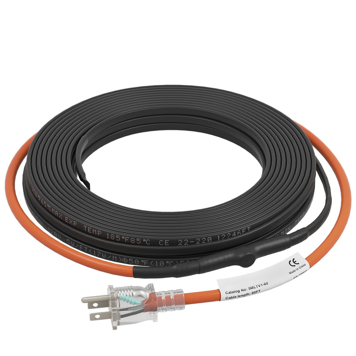 Self-Regulating Pipe Heating Cable, 60-feet 5W/ft Heat Tape for Pipes Freeze Protection, Protects PVC Hose, Metal and Plastic Pipe from Freezing, 120V