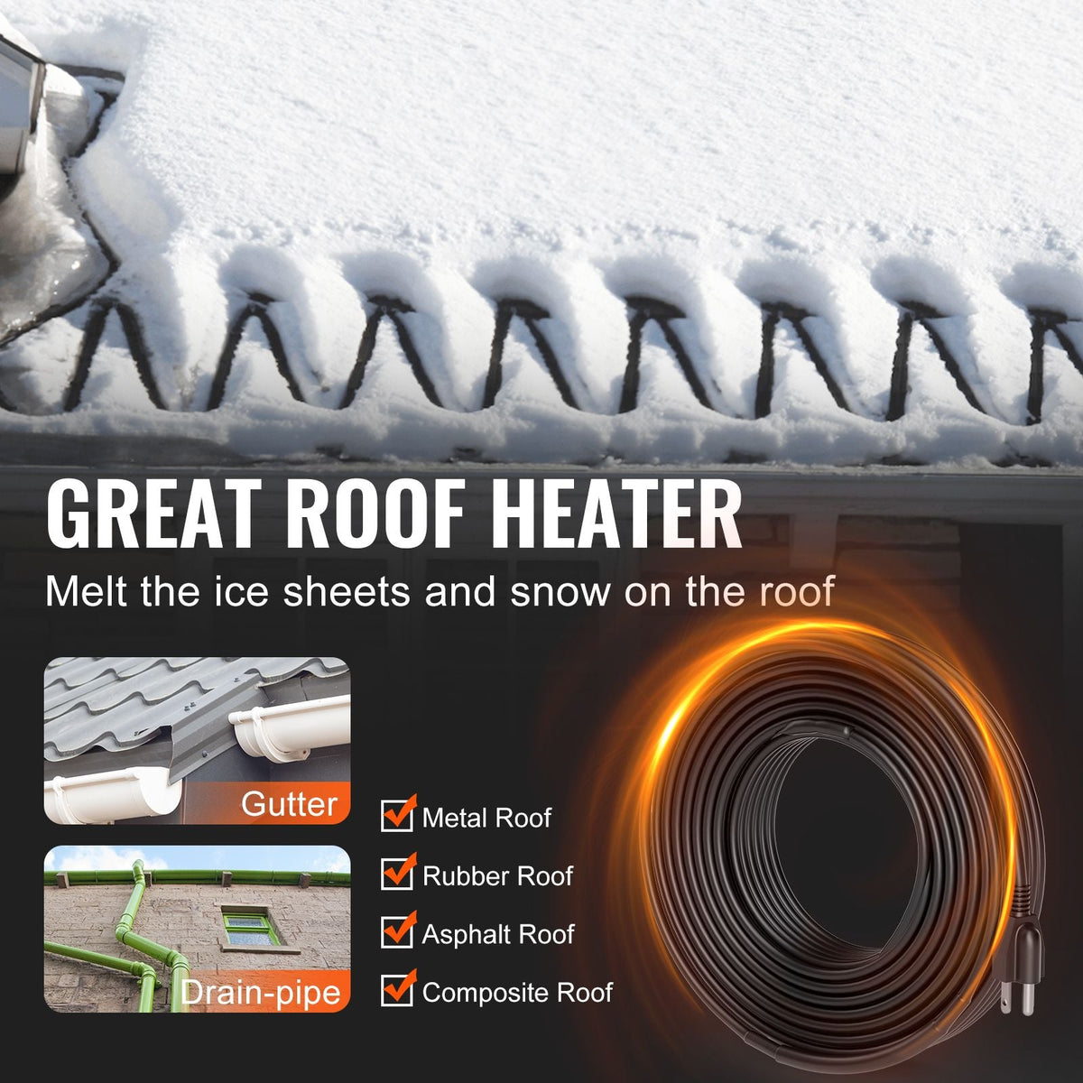 Self-Regulating Pipe Heating Cable, 80FT 5W/FT Heat Tape for Pipes, Roof Snow Melting De-icing, Gutter and Pipe Freeze Protection