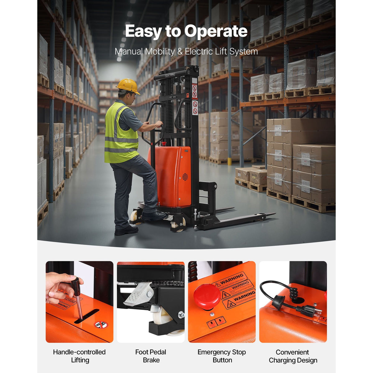 Semi Electric Pallet Stacker, 3300 lbs Load Capacity, Pallet Lift Stacker Forklift with Straddle Legs, 96.06 Inches Lifting Height & 8.3-33.86 Inches Adjustable Fork Width, Orange & Black