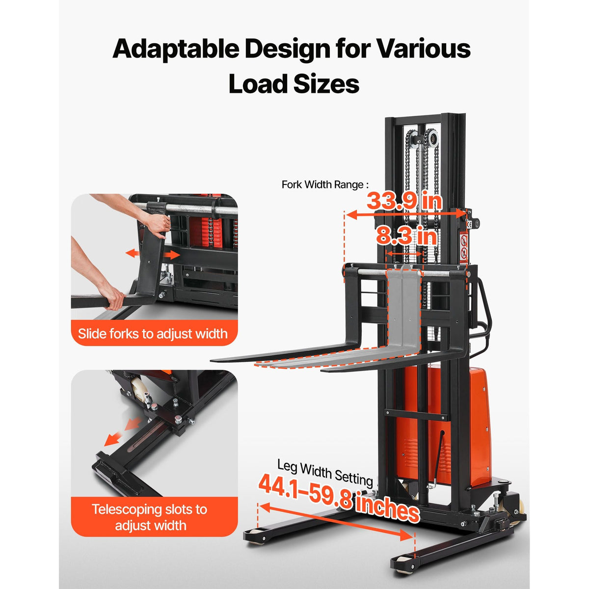 Semi Electric Pallet Stacker, 3300 lbs Load Capacity, Pallet Lift Stacker Forklift with Straddle Legs, 96.06 Inches Lifting Height & 8.3-33.86 Inches Adjustable Fork Width, Orange & Black
