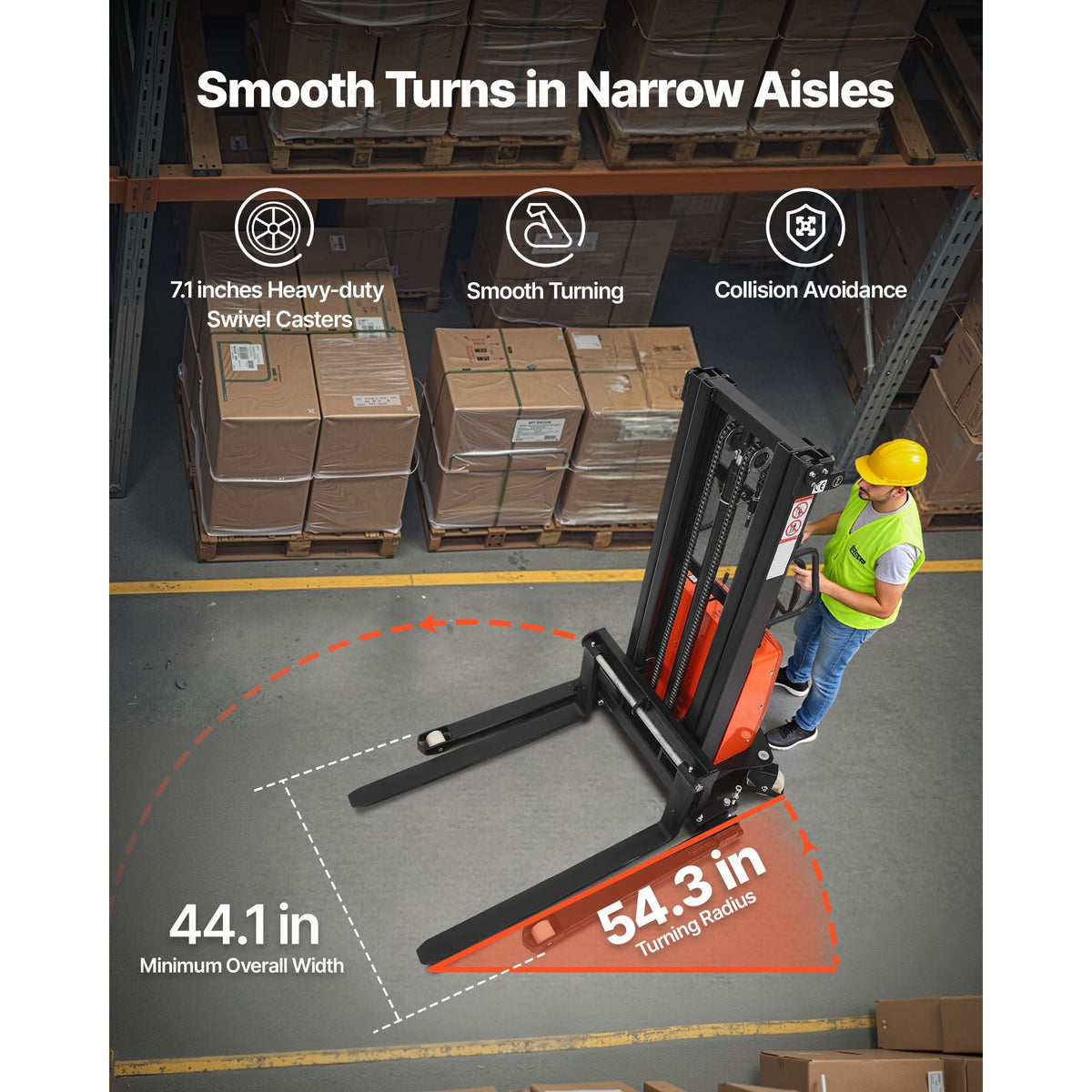 Semi Electric Pallet Stacker, 3300 lbs Load Capacity, Pallet Lift Stacker Forklift with Straddle Legs, 96.06 Inches Lifting Height & 8.3-33.86 Inches Adjustable Fork Width, Orange & Black