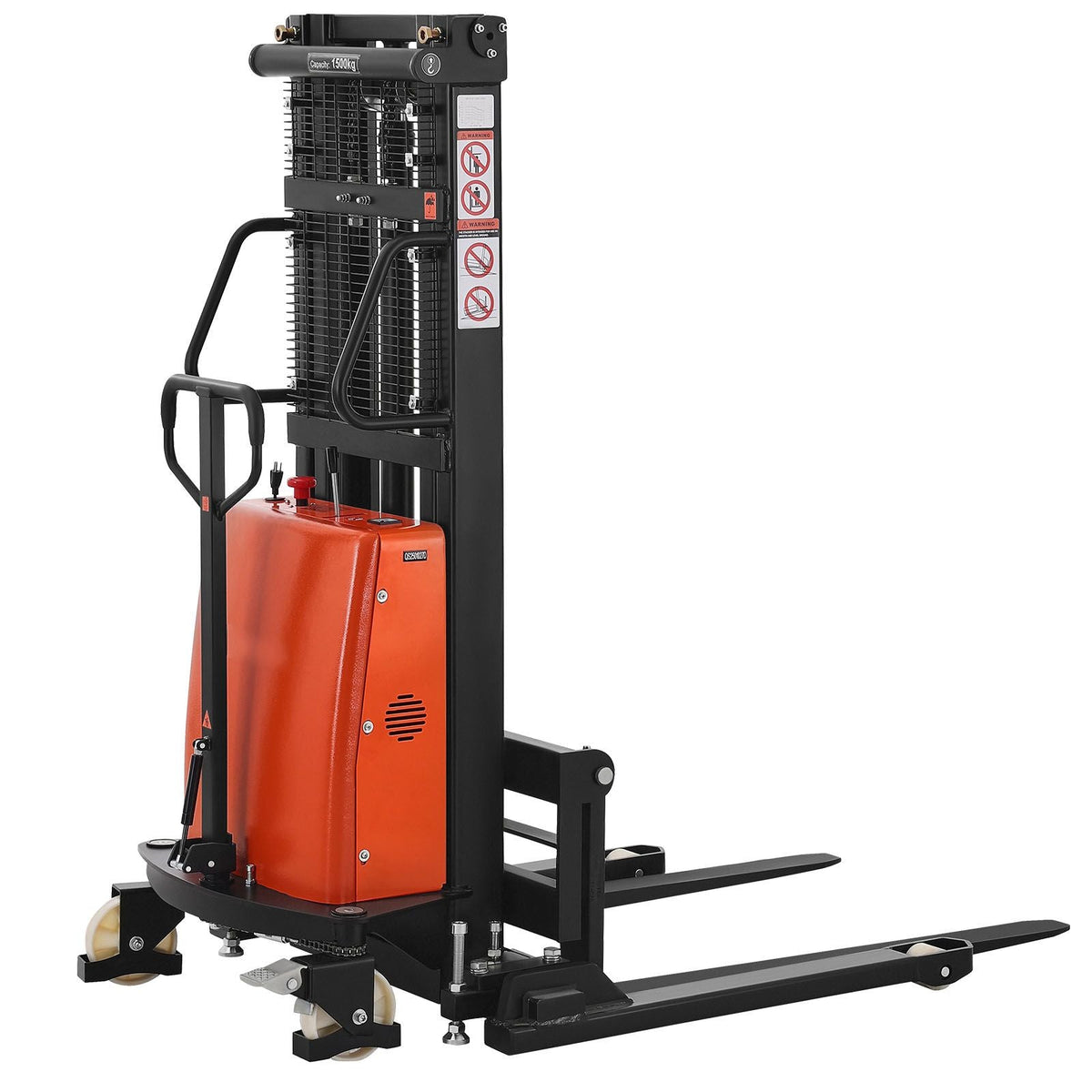 Semi Electric Pallet Stacker, 3300 lbs Load Capacity, Pallet Lift Stacker Forklift with Straddle Legs, 96.06 Inches Lifting Height & 8.3-33.86 Inches Adjustable Fork Width, Orange & Black