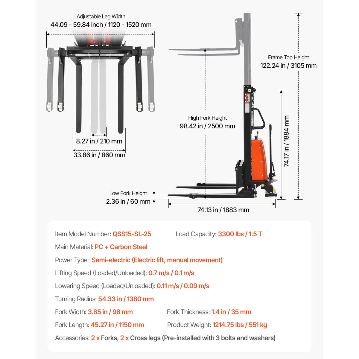 Semi Electric Pallet Stacker, 3300 lbs Load Capacity, Pallet Lift Stacker Forklift with Straddle Legs, 96.06 Inches Lifting Height & 8.3-33.86 Inches Adjustable Fork Width, Orange & Black