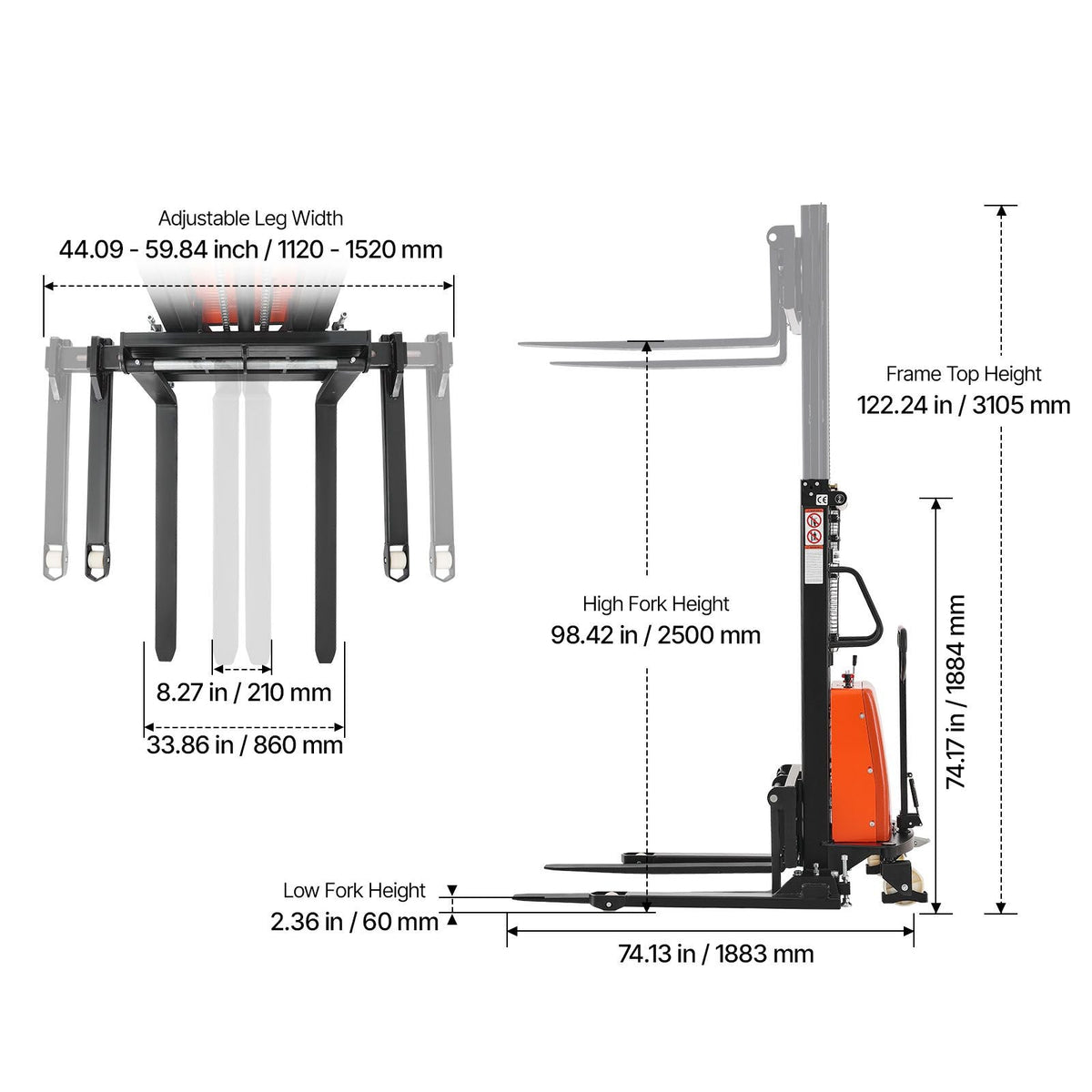 Semi Electric Pallet Stacker, 3300 lbs Load Capacity, Pallet Lift Stacker Forklift with Straddle Legs, 96.06 Inches Lifting Height & 8.3-33.86 Inches Adjustable Fork Width, Orange & Black