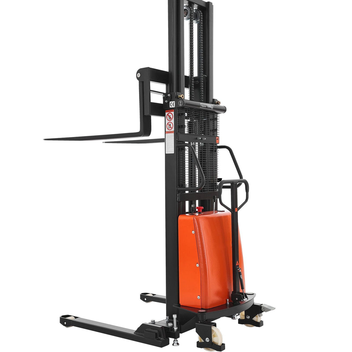 Semi Electric Pallet Stacker, 3300 lbs Load Capacity, Pallet Lift Stacker Forklift with Straddle Legs, 96.06 Inches Lifting Height & 8.3-33.86 Inches Adjustable Fork Width, Orange & Black