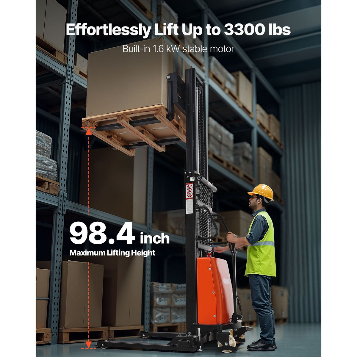 Semi Electric Pallet Stacker, 3300 lbs Load Capacity, Pallet Lift Stacker Forklift with Straddle Legs, 96.06 Inches Lifting Height & 8.3-33.86 Inches Adjustable Fork Width, Orange & Black