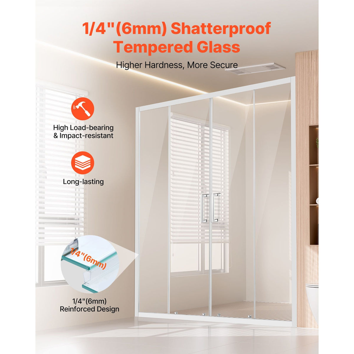 Semi-frameless Shower Door, 57.8-59 W x 70 H in, Double Sliding Glass Door with 1/4 in(6mm) Clear Tempered Glass, Waterproof Shatterproof NANO Stainproof with Stainless Steel Hardware, Chrome