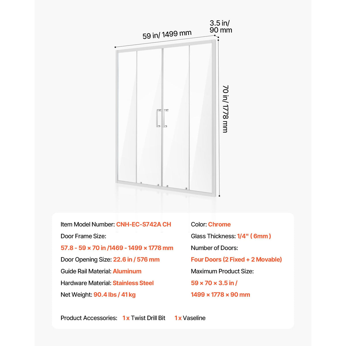 Semi-frameless Shower Door, 57.8-59 W x 70 H in, Double Sliding Glass Door with 1/4 in(6mm) Clear Tempered Glass, Waterproof Shatterproof NANO Stainproof with Stainless Steel Hardware, Chrome
