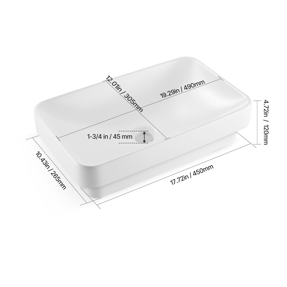 Semi Recessed Bathroom Sink, 19.29 x 12.01 Inch Rectangular White Ceramic Vessel Sink with 1-3/4 Inch Drain Hole, Drop in Modern Lavatory Vanity Bath Wash Bowl Basin, Rectangle for Small Space