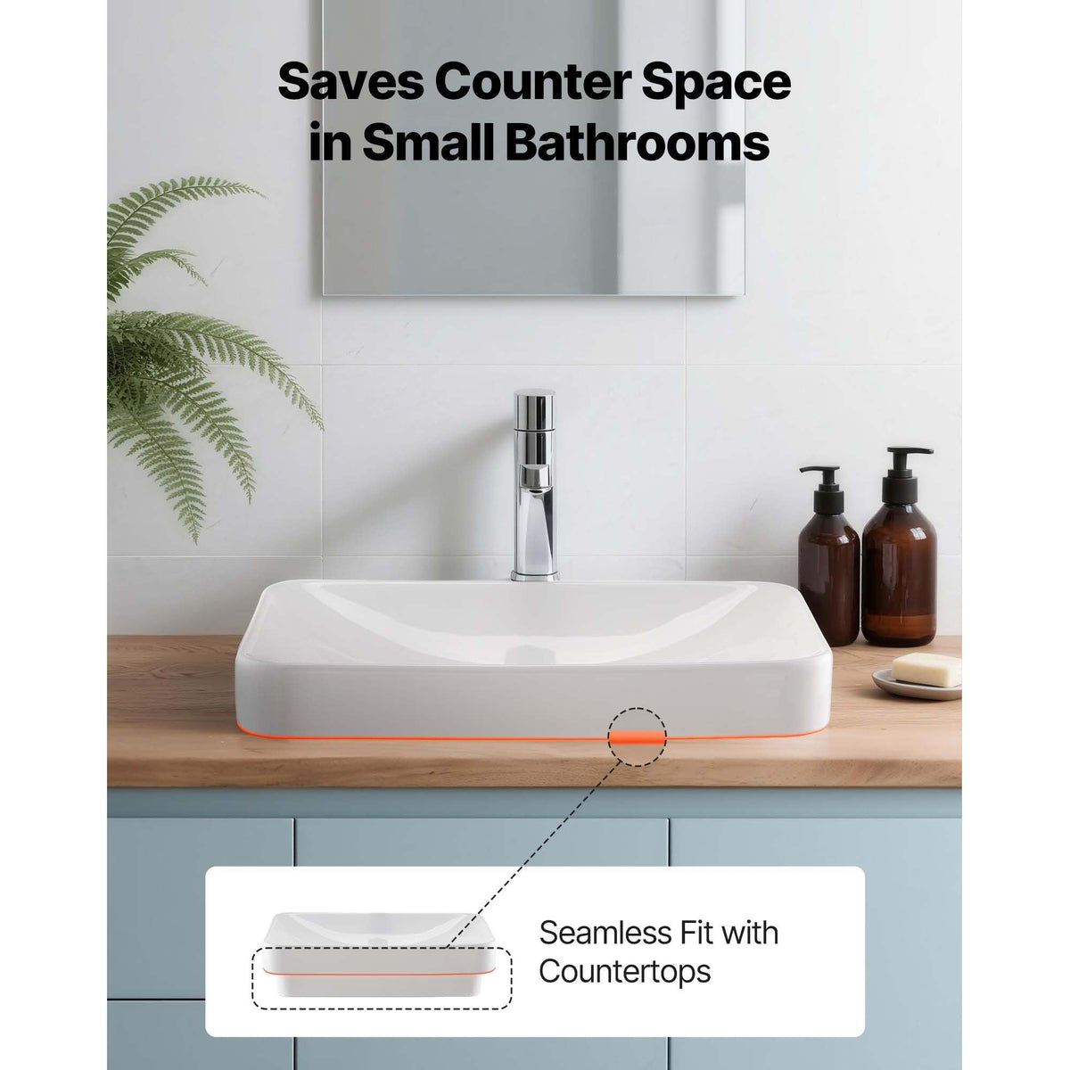 Semi Recessed Bathroom Sink, 19.29 x 12.01 Inch Rectangular White Ceramic Vessel Sink with 1-3/4 Inch Drain Hole, Drop in Modern Lavatory Vanity Bath Wash Bowl Basin, Rectangle for Small Space