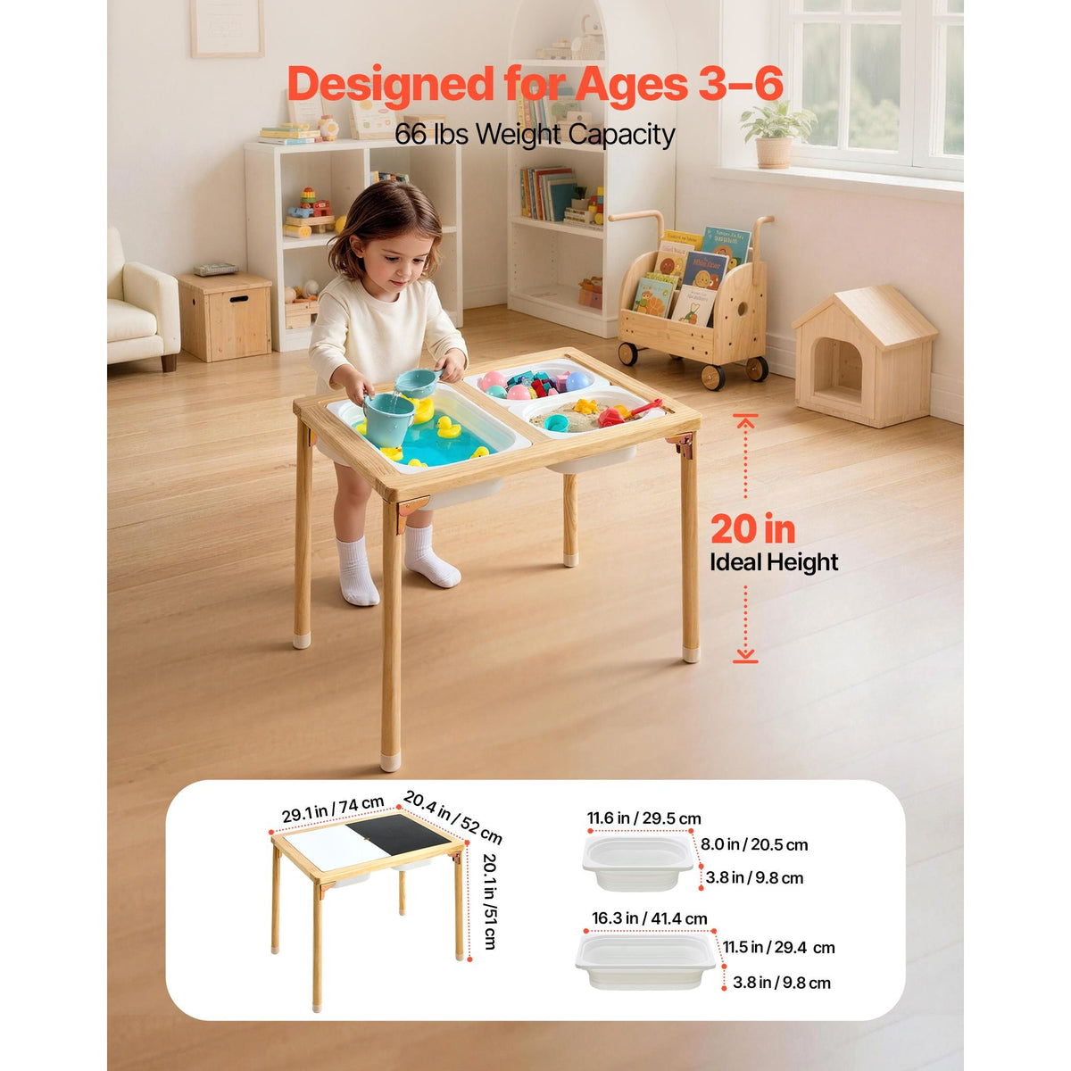 Sensory Table for Toddlers, Foldable Wooden Kids Activity Table with Double-Sided Board, Storage Bins, and Non-Slip Feet, for Boys and Girls Playing Sand and Water, Drawing, Studying, Dining