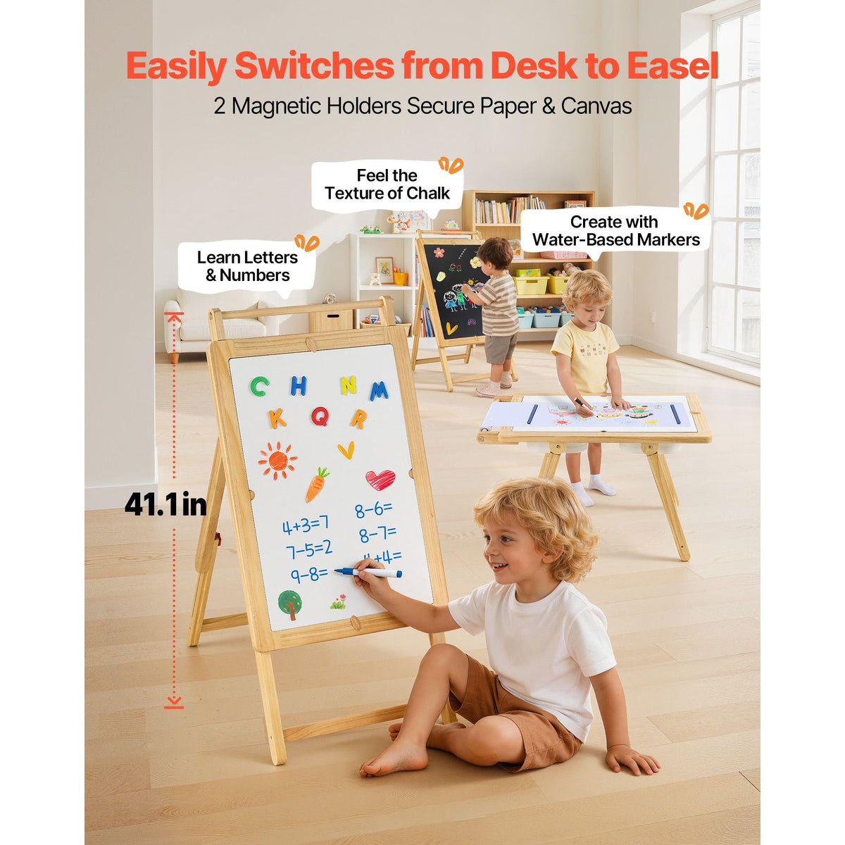 Sensory Table for Toddlers, Wooden Kids Activity Table and Art Easel with Reversible Double-Sided Board, Storage Bins, for Boys and Girls Playing Sand and Water, Drawing, Studying, Dining