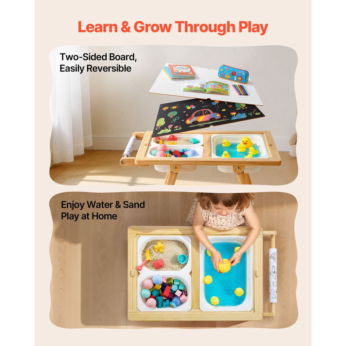 Sensory Table for Toddlers, Wooden Kids Activity Table and Art Easel with Reversible Double-Sided Board, Storage Bins, for Boys and Girls Playing Sand and Water, Drawing, Studying, Dining