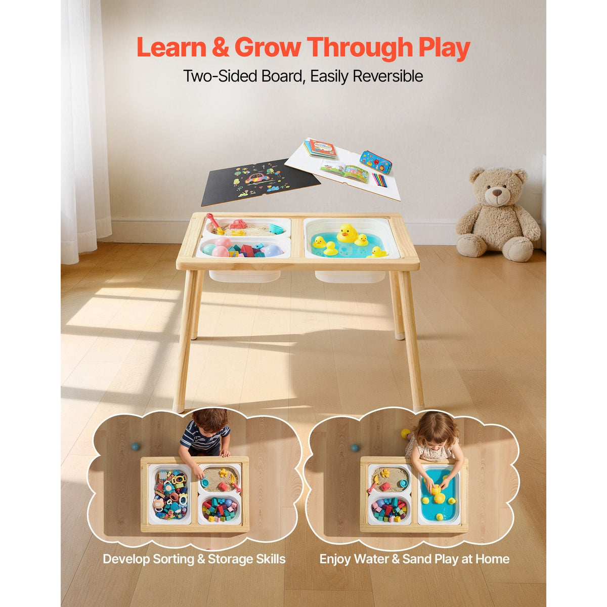 Sensory Table for Toddlers, Wooden Kids Activity Table with Reversible Double-Sided Board, Storage Bins, and Non-Slip Feet, for Boys and Girls Playing Sand and Water, Drawing, Studying, Dining